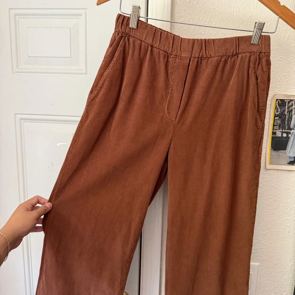 DIEGA Rust brown cotton corduroy straight wide leg cropped pull on pants